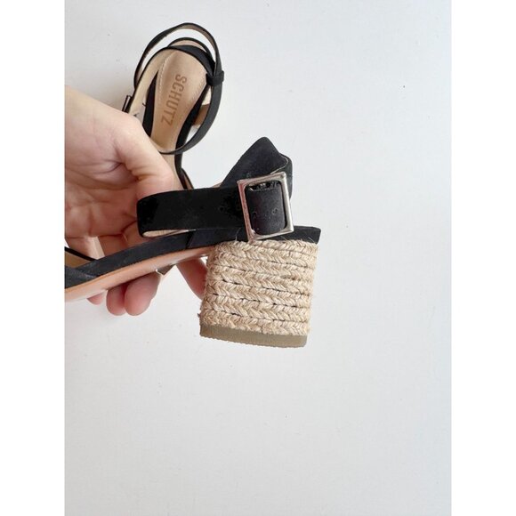 SCHUTZ Black Suede Tan Leather Pointed Cap Toe Jute Block Heel Sandals, Size 5.5 - Picture 9 of 15